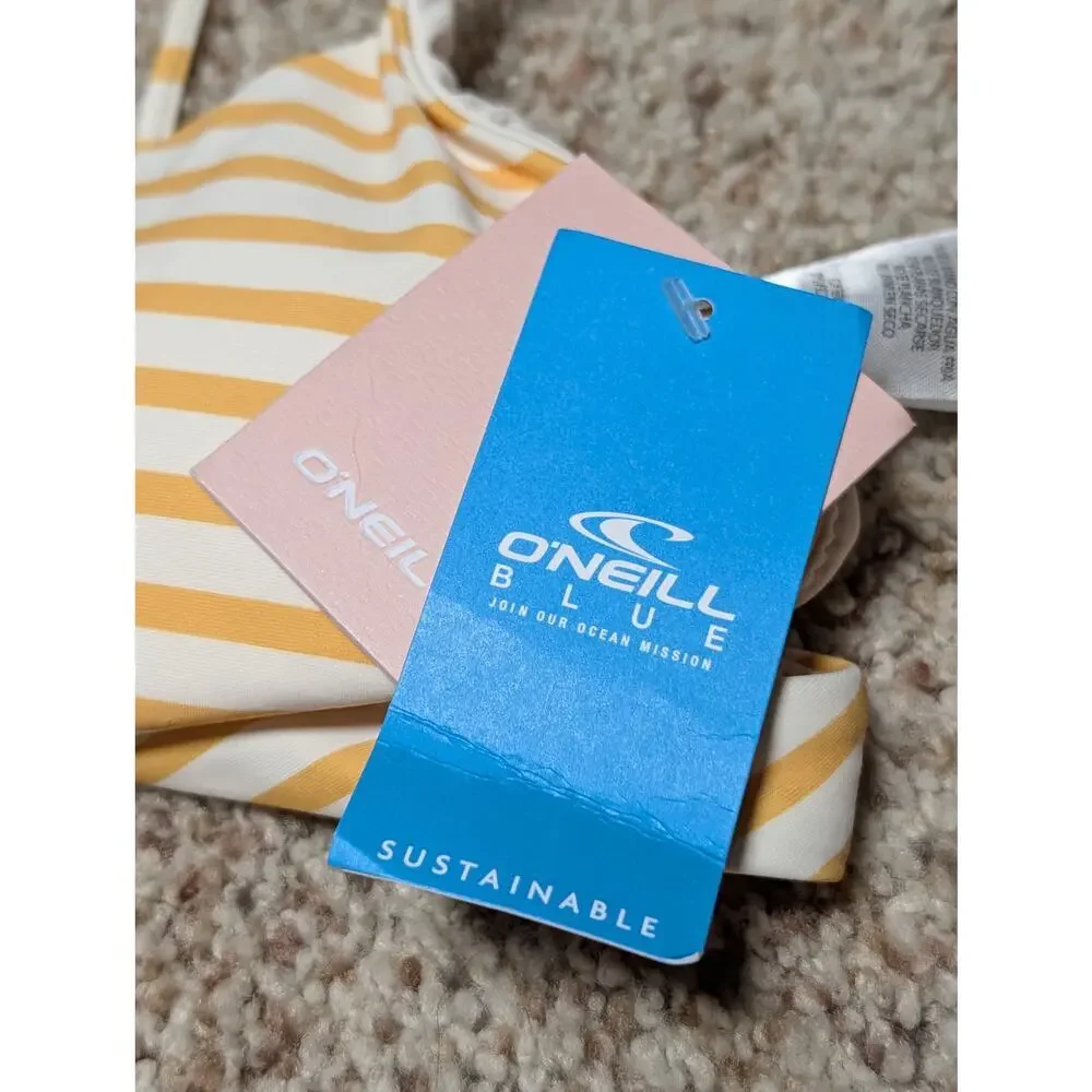 O'Neill girls Bikini top, yellow and white striped, size 14 girls, surfer; NWT
